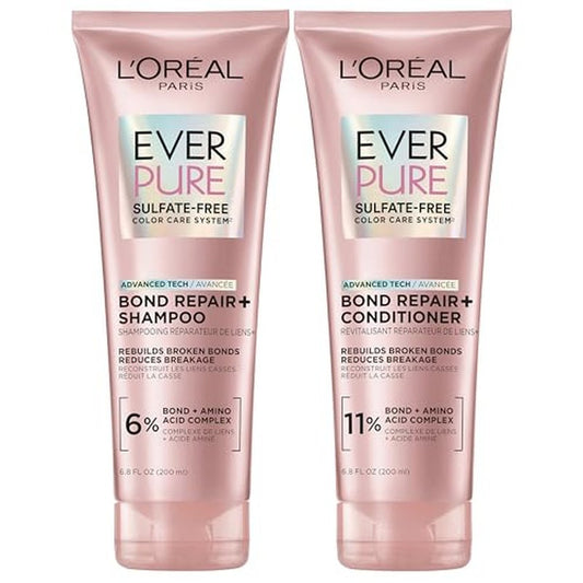 L'Oreal Paris Sulfate Free Bond Repair+ Shampoo and Conditioner Set with Bond + Amino Acid Complex, Strengthens and Repairs Damaged or Color Treated Hair, EverPure, 13.6 Fl Oz Set (Packaging May Vary)