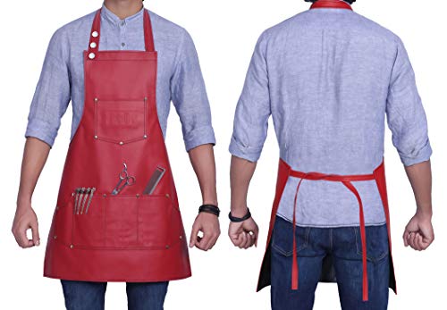 Facón Professional Leather Barber Apron with 6 Pockets - Red, 28" x 24"