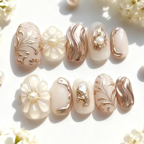 KEHKFSEF 30pcs Flower Press On Nails Short Square White Glossy with 3D Floral Glitter Leaves for Women - Variation 03
