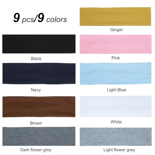 9-Pack Non-Slip Cotton Headbands for Women - Soft & Stretchy Athletic Hair Bands