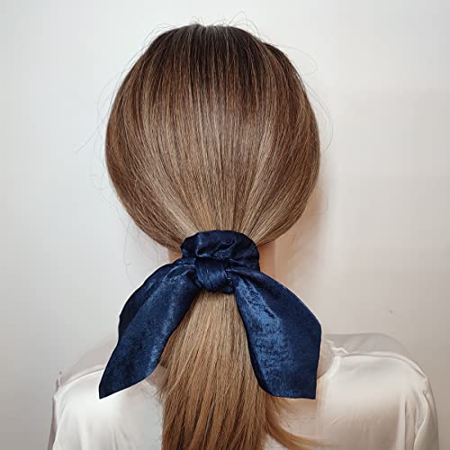 Sufermoe Navy Blue Satin Hair Scrunchies Pack of 6 with Large Bows - 3.8"