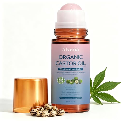Organic Castor Oil with Rose Quartz Roller Ball – 1 oz, Pure & Cold Pressed