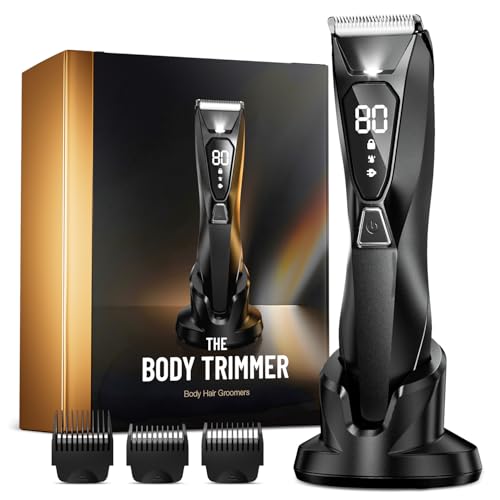 Body Hair Trimmer for Men: Wireless Charging Pubic Hair Trimmer, 4000K LED, Ceramic Blade - No-Nick Grooming, 90Min, Wet/Dry Body Groomer, Gift for Fathers