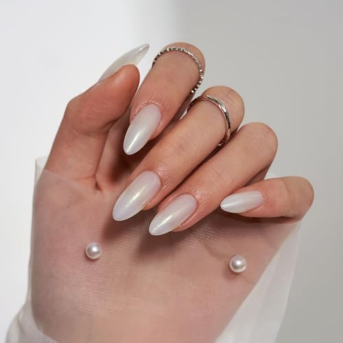 BTArtbox Press On Nails, Medium Almond Glitter White, 30-Piece Gel Nail Kit