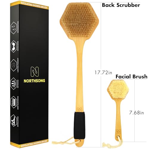 17.72 Inch Back & Face Body Brush Set with Natural Wild Boar & Synthetic Bristles – Dual Deep-Cleaning Exfoliating Set with Gift Box