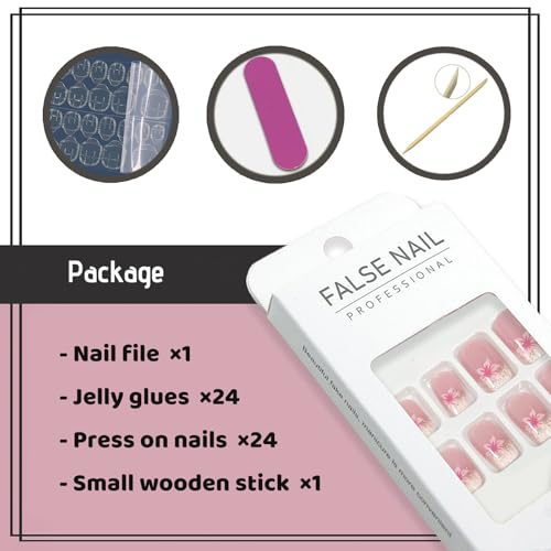 Pink Short Square Press On Nails with Flower Designs - 24 Pack