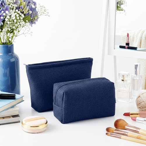 Navy Blue Waffle Makeup Bag Set - 2 Pcs Cosmetic Pouch