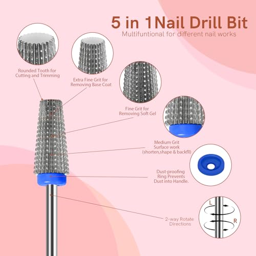 5 in 1 Medium Grit Tungsten Nail Drill Bit for Acrylic & Gel