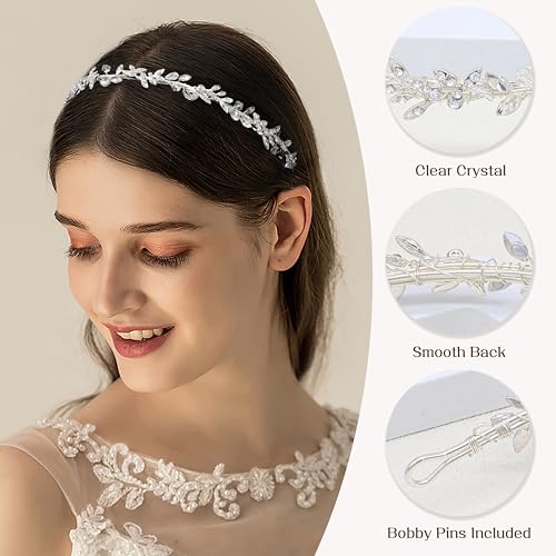 Oriamour Crystal Bridal Headband - Floral Rhinestone Hair Piece for Brides