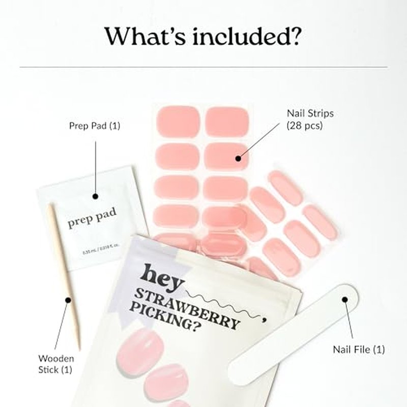 Heyhae Semi Cured Gel Nail Strips | No LED Lamp Needed | Solid, Pink, Spring | Easy Apply & Remove, Salon Quality | Includes 28 Strips, 1 Prep Pads, Nail File & Wooden stick - Hey, Strawberry Picking?