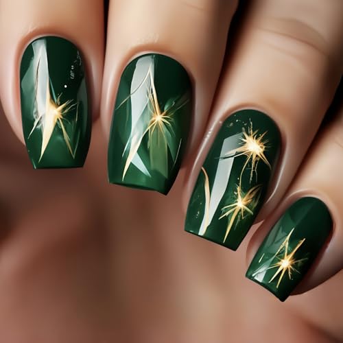Green Lightning Press on Nails Medium Square Fake Nails 24Pcs Reusable Glossy Acrylic DIY Manicure