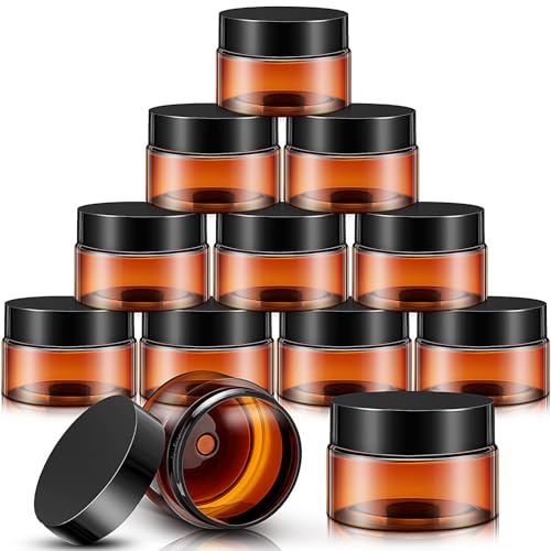 SATINIOR 12 Pack 2 oz Amber Plastic Jar with Lids – Refillable Clear Round Cosmetic Containers