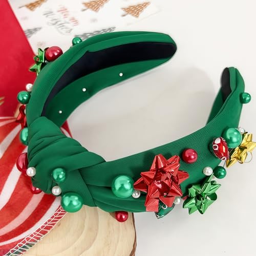 MSCYAE Green Christmas Headband for Women Non Slip Crystal Pearl Holiday Accessory