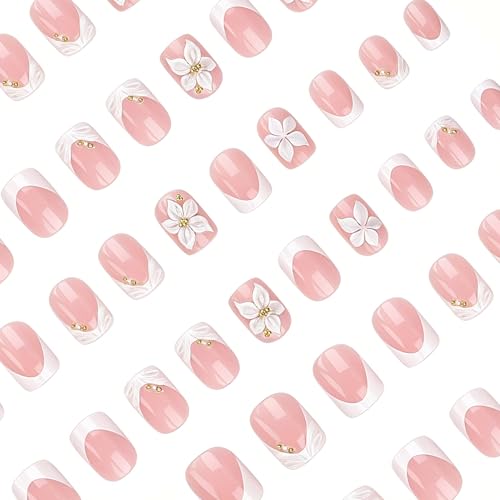 24Pcs White French Tip Press On Nails with 3D Flowers & Rhinestones