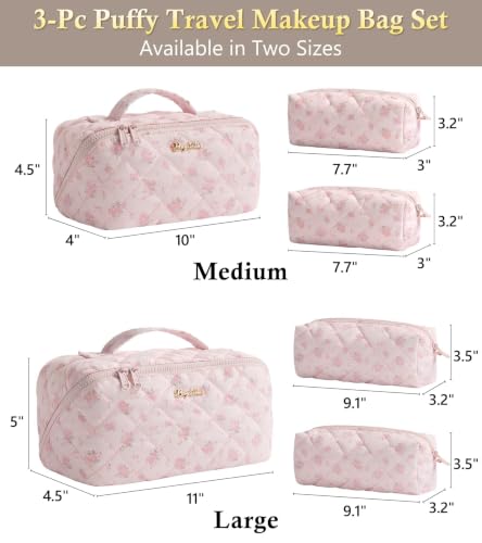 Pink Rose Medium Travel Makeup Bag - Large Capacity Puffy Cosmetic Organizer for Women