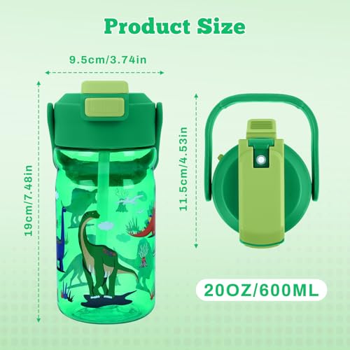20oz Kids Water Bottle with Straw - Leak-Proof, Misting & Pop-Up Spout, Dinosaur Design