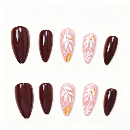 IMSOHOT Fall Brown White Maple Leaf Fake Nails - Medium Almond Press-On 24Pcs B012Brown