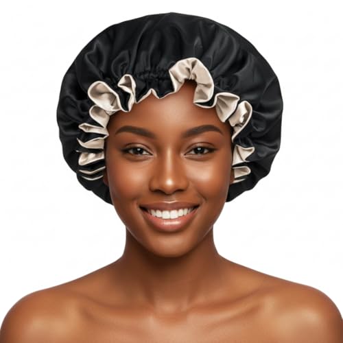 Reversible Silk Satin Hair Bonnet for Sleeping - Black/Champagne