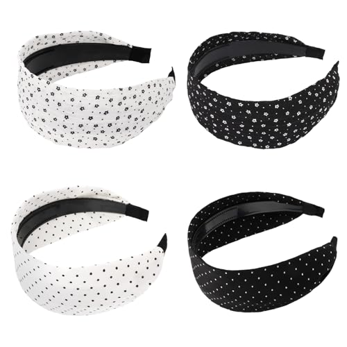 4 Pack Boho Headbands for Women - Polka Dot & Floral Wide Hair Accessories