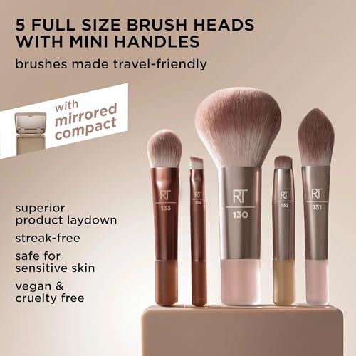 Real Techniques Mini Brush Set with Mirror - 6-Piece Travel Makeup Kit, Nudes
