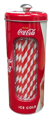 Tin Straw Holder with 20 Paper Straws - Red & White, 8" Tall