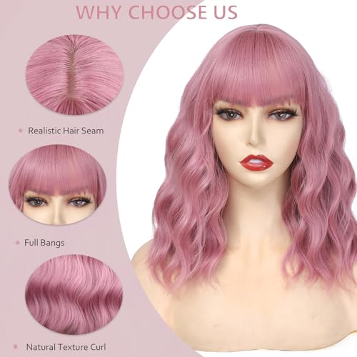 Purple Pink Wavy Wig for Women - Shoulder Length Synthetic Hair with Bangs, Daily & Party Use, HAIRUP