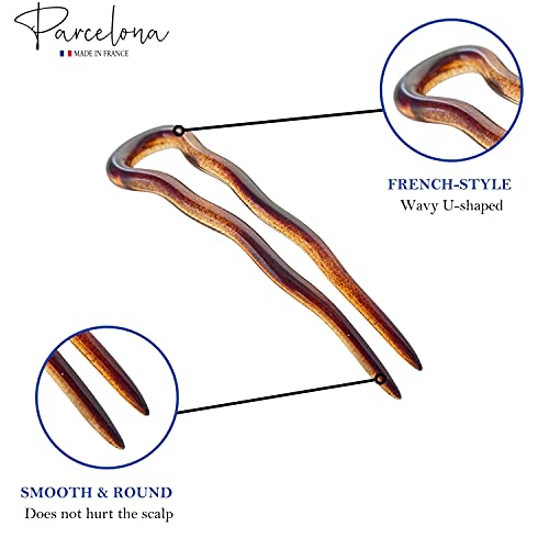 Parcelona French 3-Inch Wavy U-Shaped Hair Pins - Tortoise Shell (Set of 3)