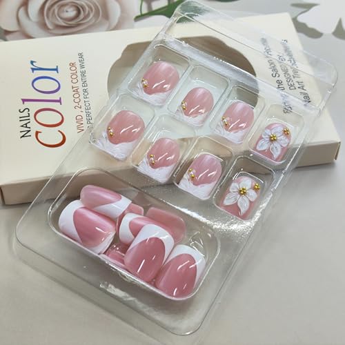 Short Square Press On Nails with 3D Floral Design - 24 Pcs
