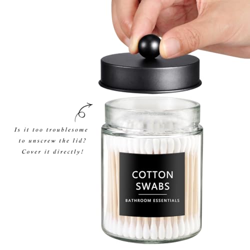 SheeChung Glass Qtip Holder Set with Black Stainless Steel Lids