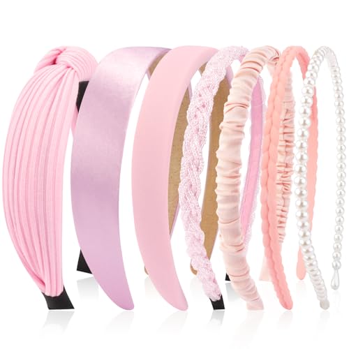 AHONEY 7 Pack Pink Headbands for Girls Women Knot Non-Slip Hair Accessories