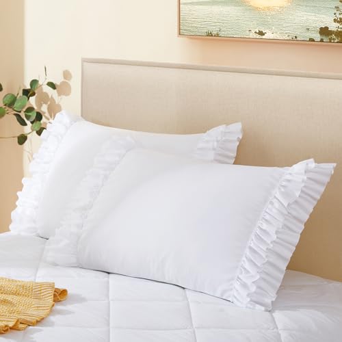 Vonty White Ruffled Pillow Cases Set of 2, 20x26 Inch Microfiber