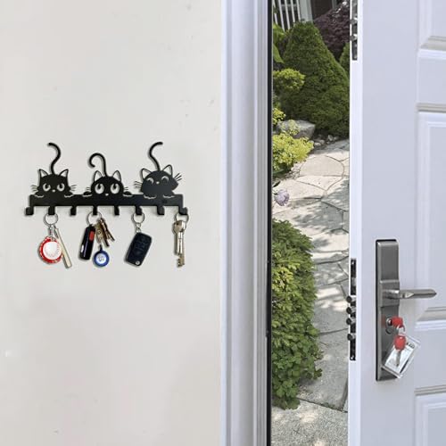 YXE Metal Key Holder Wall Mount with 8 Hooks - Cat Theme Organizer