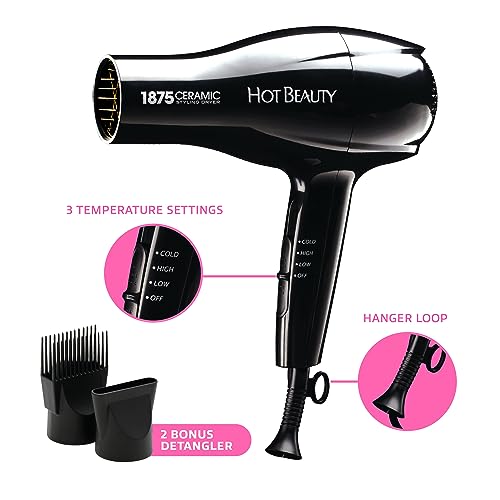 Hot Beauty 1200W Ionic Ceramic Hair Dryer with 2 Styling Attachments