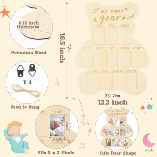 Wooden Photo Board for Baby's First Year Milestones - 12 Monthly Picture Frame