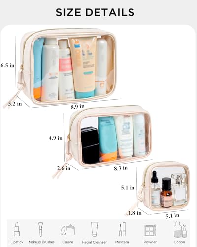 3Pcs Clear Makeup Bag Set for Travel - Waterproof White Set
