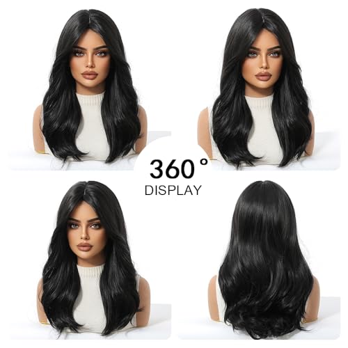 OUFEI Black Wig with Curtain Bangs - Natural Straight Curly Synthetic Hair (1291-4)