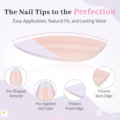 QIEK Kids Press On Nails French Purple Flower - 16 Sizes, Safe & Non-Toxic