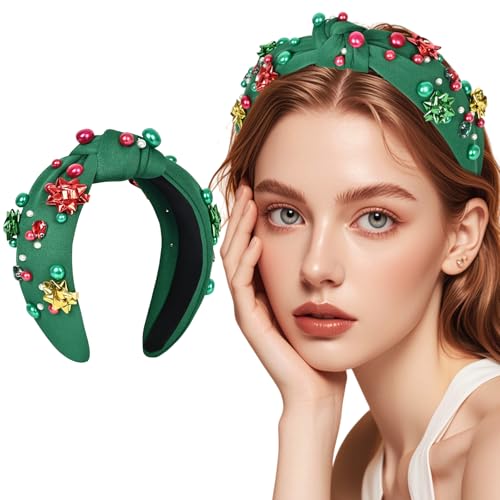 MSCYAE Green Christmas Headband for Women Non Slip Crystal Pearl Holiday Accessory