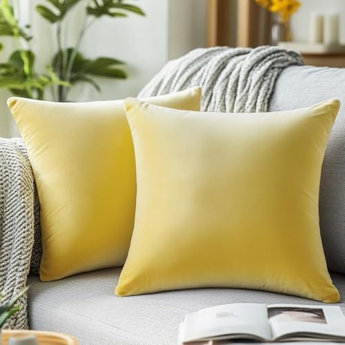 Yellow Velvet Throw Pillow Covers Set of 2 | 18x18 Inch Decorative Cushions