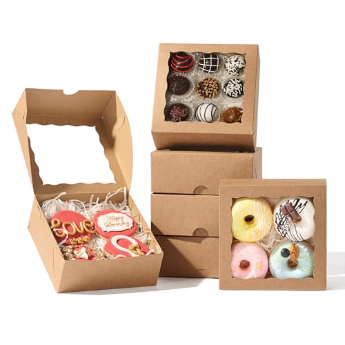 NEKSUNBAK 20 Pack Brown Bakery Gift Boxes with Window - 6x6x2.5 inches