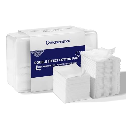 Cottonessence 475 Count Square Cotton Pads for Face & Eye Makeup Remover, Double-Sided, Hypoallergenic, Ultra-Thin & Thick, Reusable Packaging