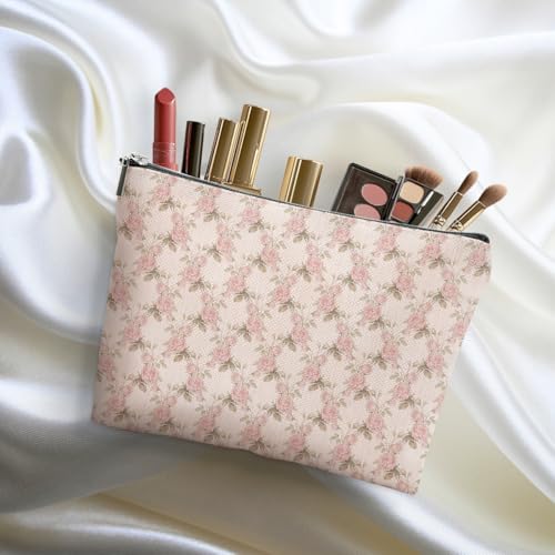 4pcs Vintage Rose Floral Makeup Bag - Linen Cosmetic Travel Pouch