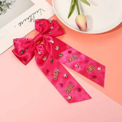 NVENF Birthday Girl Hair Bow - Large Pink Satin Bow with Crystals & Pearls