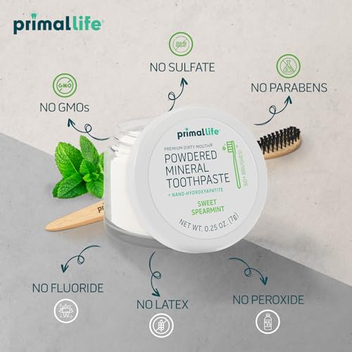 Primal Life Organics Dirty Mouth Toothpowder - Organic Vegan Tooth Cleaning Powder with Sweet Spearmint Flavor, 0.25 oz