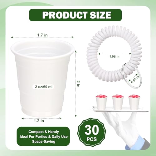 30 Pcs White Disposable Shot Glasses with Wristbands - 2oz Party Cups