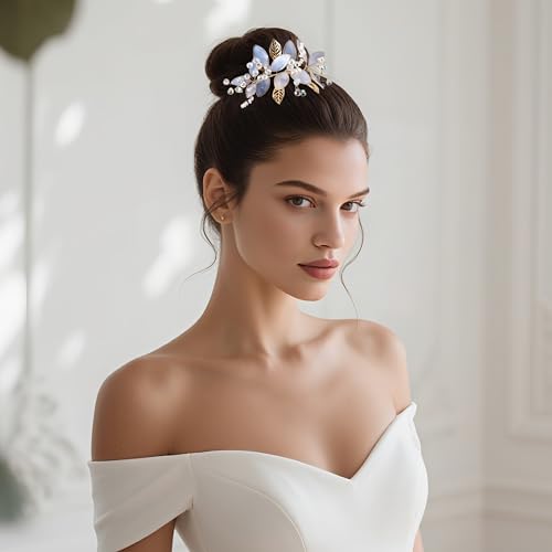 Coucoland Gold Bridal Headband for Brides Handmade Floral Sparkling Hair Accessory