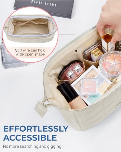 BAGSMART Puffy Makeup Bag - Wide-Open Travel Toiletry Organizer, Beige