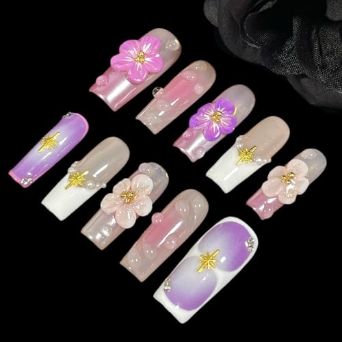 BByogooz Handmade 3D Sakura Press On Nails - Square French Tip Acrylic Set