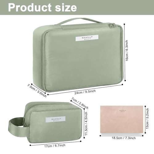 Queboom Travel Makeup Bag Set - Green, 3pcs with Waterproof Lining