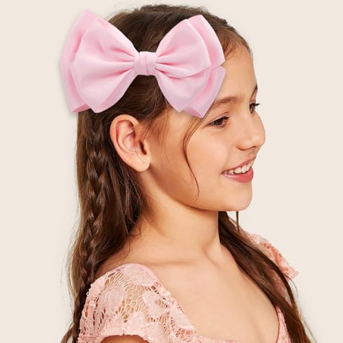 Pink 6 Inch Girl Hair Bows with Alligator Clips - Thick Ribbon Boutique Hair Accessories for Baby Girls, Toddlers & Kids - 2 Pack